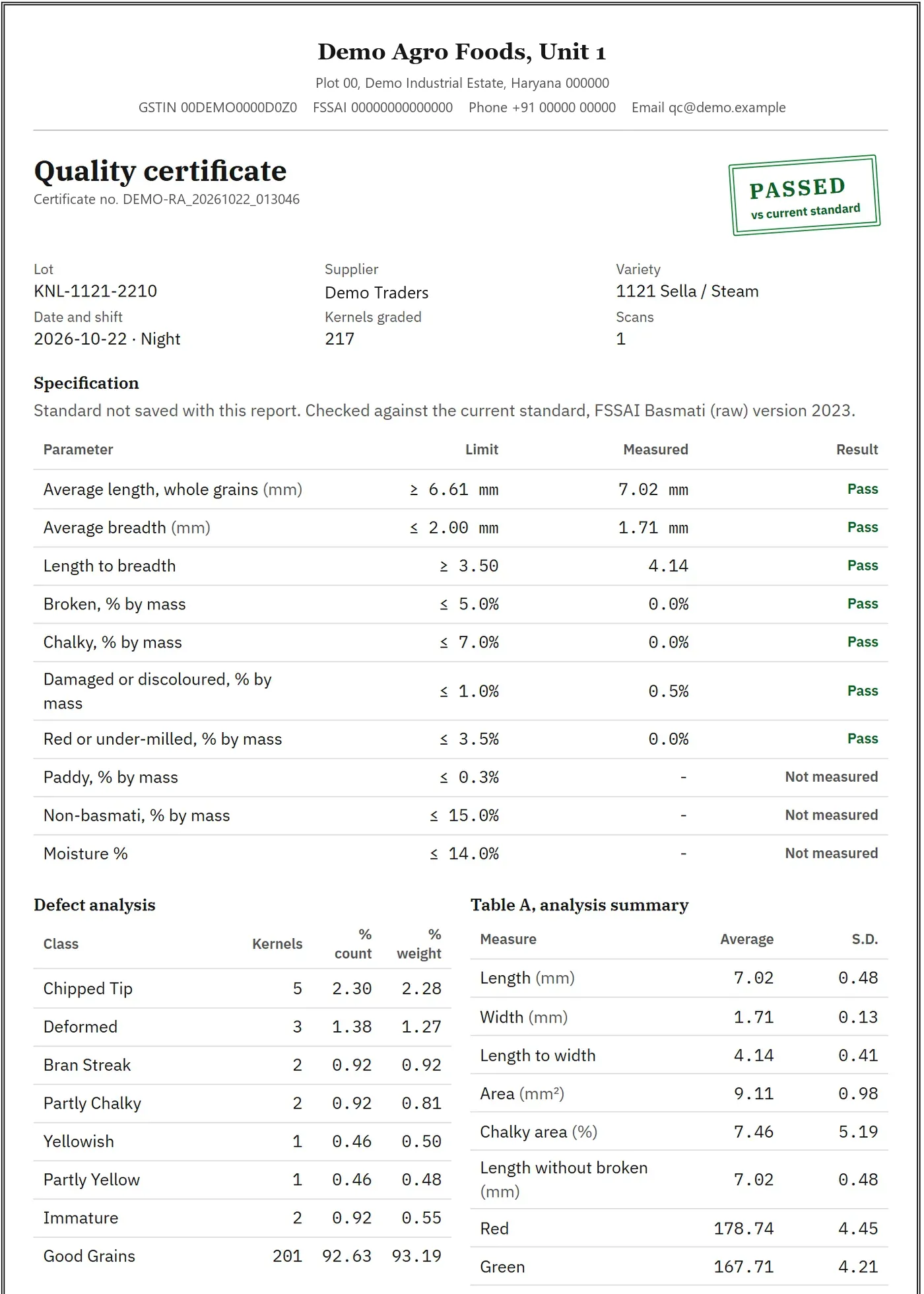 Quality certificate with specification table and a PASSED stamp