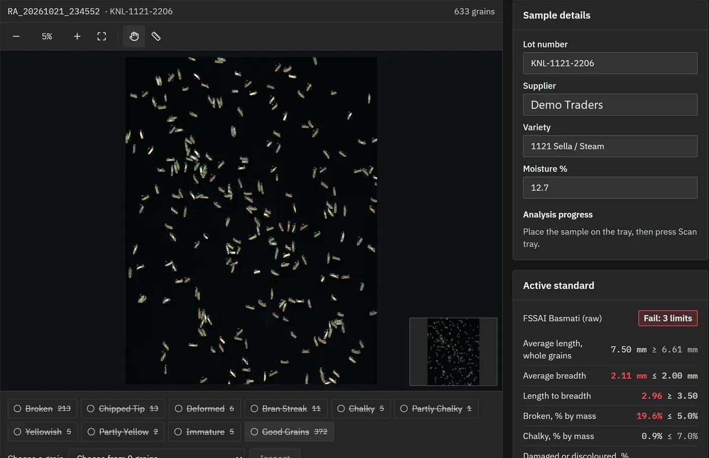 Scan screen showing a scanned rice tray with 633 grains and the FSSAI Basmati standard check