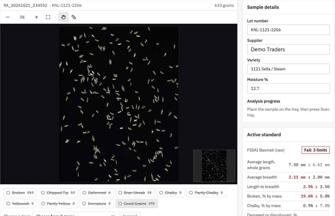 Scan screen showing a scanned rice tray with 633 grains and the FSSAI Basmati standard check